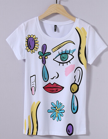 抽象图案宽松版圆领短袖t恤 白色 m