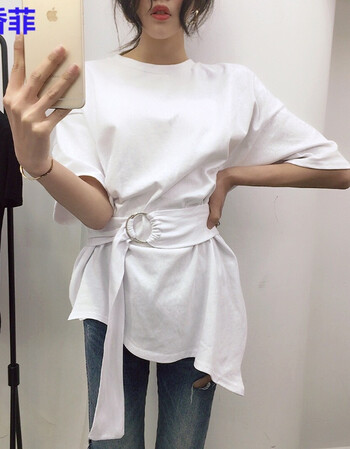 步香菲中长款不规则短袖t恤配腰带 2018春装新款韩版斜下摆宽松打底