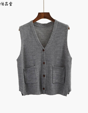 服饰毛衣马甲女背心开衫口袋外穿短款外套宽松无袖针织衫毛线坎肩秋季