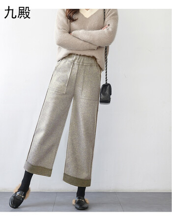 2017冬季新款高腰显瘦加厚毛呢阔腿裤九分裤直筒裤女 杏色9046 xl