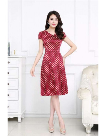 中长款波点韩版修身大码连衣裙女a型 红底 白点 l