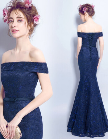 蓝色蕾丝一字肩鱼尾婚纱敬酒服伴娘服晚宴年会演出长款礼服 深蓝色 l