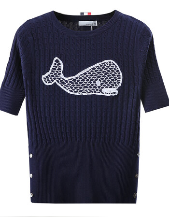 2018同款短袖半袖t恤女小鲸鱼手工刺绣女针织衫毛衣套头衫女上衣 藏青