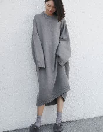 裙长袖连衣裙针织衫冬季oversize宽松慵懒风过膝超长款毛衣女 灰色 超
