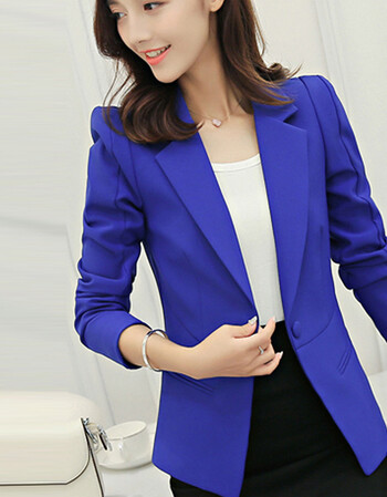 春夏新款韩版女装时尚短款修身西装外套女士长袖小西服女上衣 深蓝色