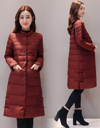 中国民族风棉衣棉服女中长款韩版冬季过膝复古盘扣棉袄子刺绣唐装 枣