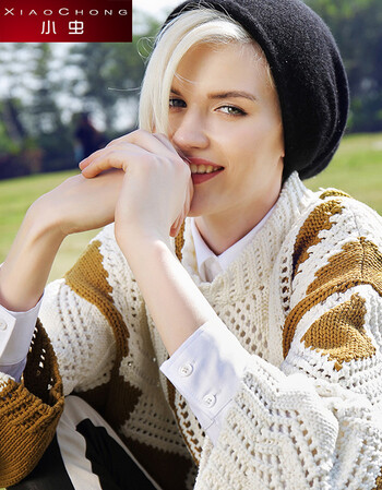 小虫女装时尚拼色菱格羊毛混纺套头针织衫女 白色 xs