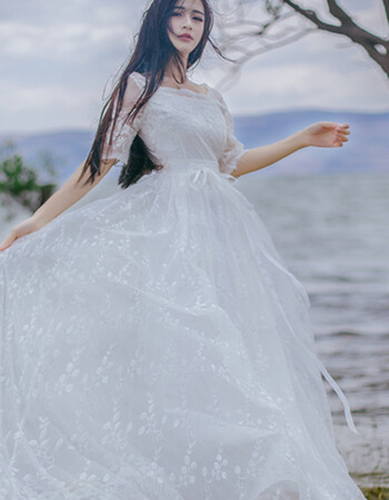 新款白色复古修身显瘦短袖蕾丝刺绣大摆连衣裙长裙仙女裙gh04 白色 l