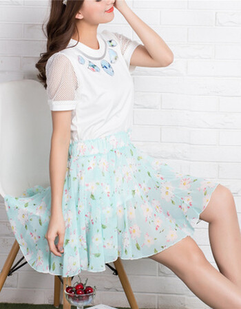 2018短裙高腰防走光印花百褶雪纺半身裙短裙女夏季小碎花纱裙 浅蓝色