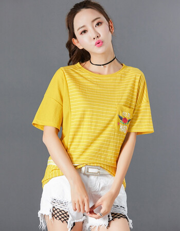 2018夏装新款韩版短袖t恤女宽松学生条纹百搭半袖女上衣服 黄色 l