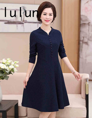 妈妈装连衣裙中年大码女装长袖棉麻40-50岁中长款中老年长裙子 藏青色