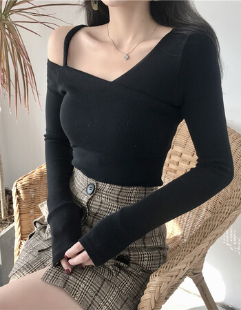 性感女装露肩黑色打底衫女长袖春秋漏肩t恤一字领斜肩小心机上衣 黑色