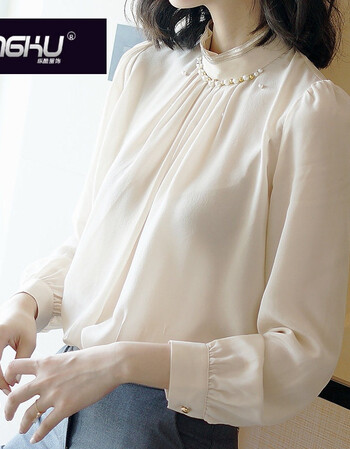 时尚立领钉珠真丝衬衫女2018夏季新款气质长袖桑蚕丝上衣 杏色 s