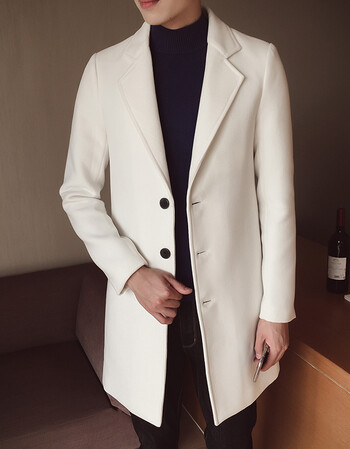 冬季男士风衣新款韩版帅气修身中长款潮流呢子外套毛呢大衣男 白色