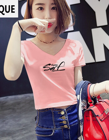 vkque高腰上衣女夏装纯棉v领漏肚脐短款t恤修身打底衫体恤性感露脐