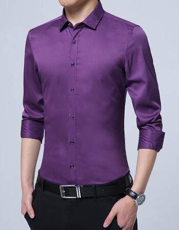 夏季男士衬衫长袖修身型商务黑色衬衣休闲大码免烫打底衫衣服男 紫色