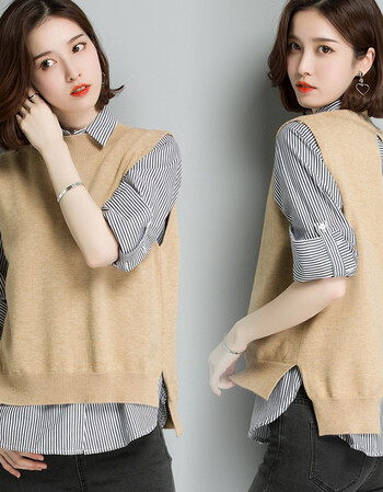 短款纯色马甲女新款无袖毛衣针织套头打底衫背心马夹xy7702 卡其色 l