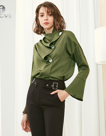 橙唯2018春季新款女雪纺衫衬衫 军绿色 s