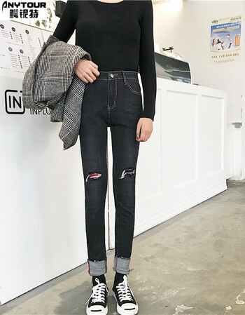 鳄铌特女装春款修身破洞牛仔裤贴布补丁弹力显瘦卷边小脚裤潮 黑 s