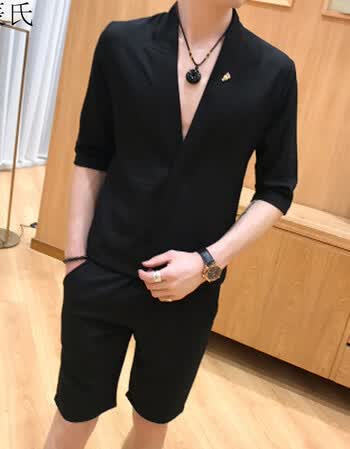 轩辰氏夜场韩版男士短袖短裤套装新款韩版潮流理发师衣服夜店男模潮
