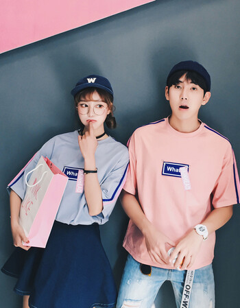 情侣装夏装短袖t恤女2018新款韩版宽松ins超火的情侣学生半袖衫 浅