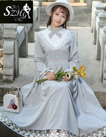 szhg2018春季新款女复古文艺民国宫廷风少女蕾丝修身小洋装中长连衣裙