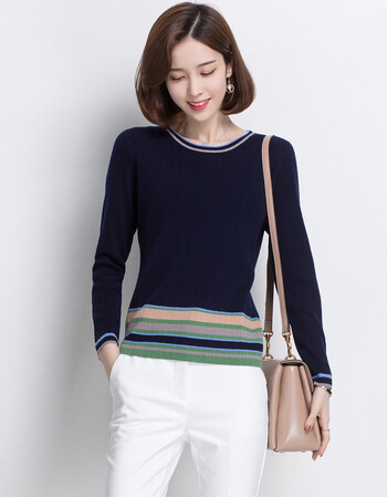 恒源祥羊毛衫女套头秋冬纯羊毛圆领拼色毛衣休闲韩版百搭针织衫女