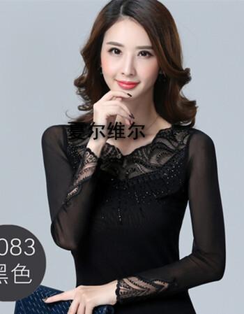 新款低领大码蕾丝打底衫长袖女士百搭上衣韩版网纱小衫 黑色 3083薄款