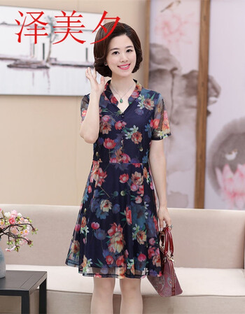 美夕中老年40-50岁妈妈2018新款夏装中长款百合花连衣裙夏季花型裙子