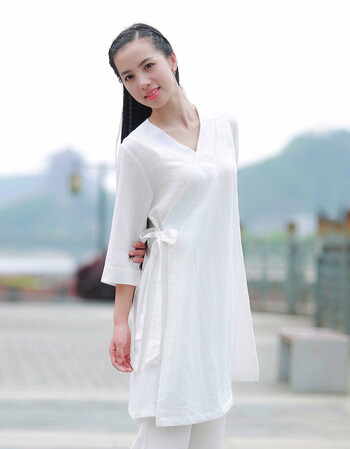 阿坡饵秀华道源高质亚麻禅修服居士服茶艺服女款斜领明线长裙七分袖