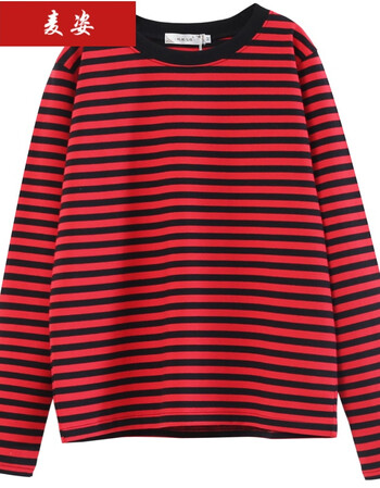 韩版条纹打底衫上衣半袖休闲宽松百搭学生短袖t恤女 黑红条纹(长袖) l