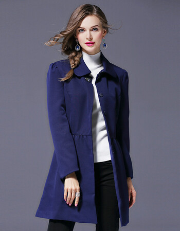 新款修身显瘦收腰气质女装钉钻装饰夹棉中长款风衣 深蓝色 s