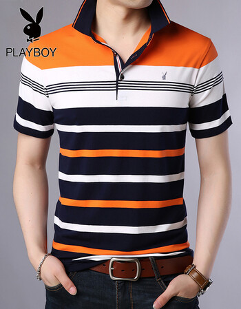 playboy/花花公子夏季短裤男士t恤2018新款薄条纹翻领polo衫男装上衣