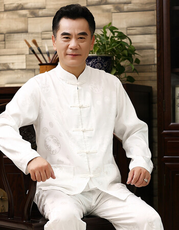 唐装男士长袖套装立领爸爸装中国风中式大码衬衫外套sn1990 元龙白色