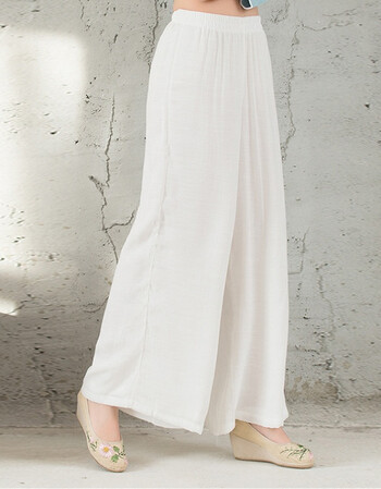 春新款民族风棉麻阔腿裤女裤宽松白色复古亚麻长裤茶服禅服 白色 l