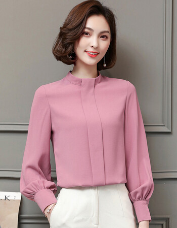 春装新款韩版立领雪纺衬衫女长袖上衣百搭宽松大码衬衣打底衫 芋粉色