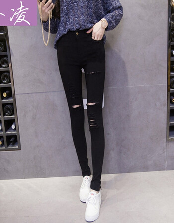 新款夏季黑色薄款九分破洞打底裤女外穿小脚铅笔长裤弹力裤子 小破洞