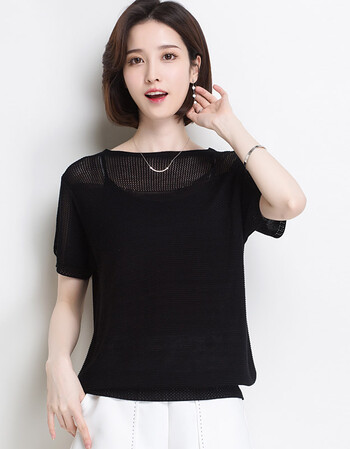 冰丝短袖t恤衫女短款2018夏装新款女装半袖针织打底衫体恤上衣服 黑色