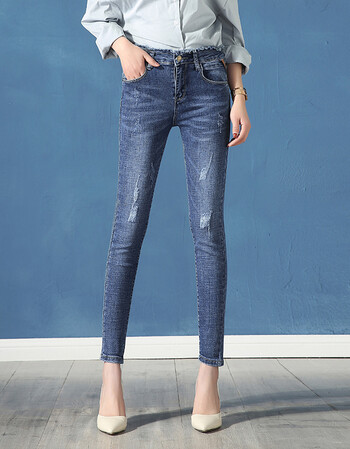 新款九分牛仔裤女小脚裤破洞磨白拉丝时尚潮流紧身性感蓝色黑色xr1775