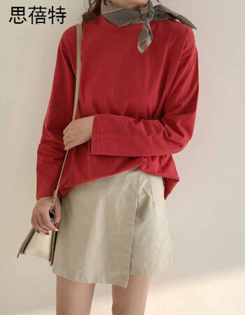 简约宽松纯色长袖t恤上衣女学生春季新款韩版百搭休闲套头打底衫 红色