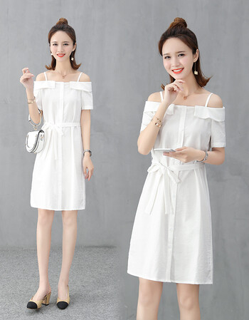 ins超火裙子2018新款chic长裙仙气质女神夏装一字肩连衣裙中长款 白色