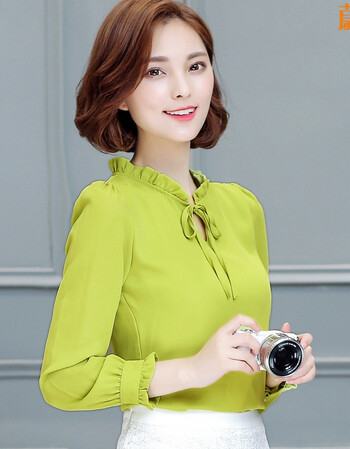 蔚林秋装新款立领雪纺衬衫长袖女上衣雪纺衫 清新荷叶边女士衬衣韩范
