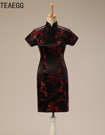 织锦缎龙凤梅花图案短旗袍,复古民族风改良唐装连衣裙 黑红梅花 xl