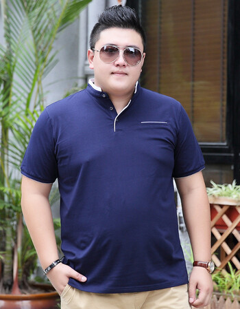 加肥加大翻领潮胖子宽松男装polo衫薄款 小立领藏蓝色 2xl-160-190斤