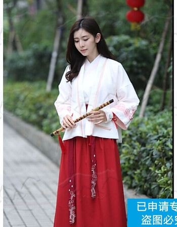 古装实拍汉元素设计改良汉服女枣红色鱼鳞交领