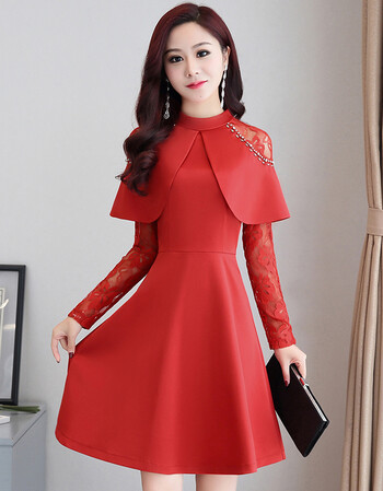 吉禾伊嘉春款蕾丝连衣裙2018新款女装春装潮秋冬气质衣服春季流行红色