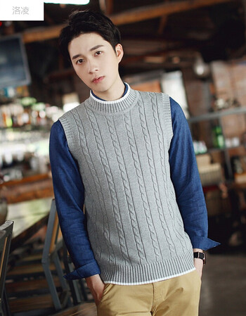 秋季男士针织毛背心休闲男无袖毛衣半高领坎肩大码毛线马甲 浅花灰 xl