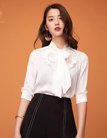 范思蓝恩 82238飘带领心形拼接衬衫 白色 m