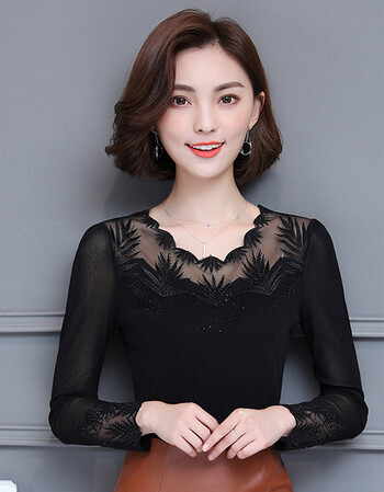 维纳蕾丝小衫女长袖网纱打底衫女带钻雷丝镶钻性感纱网韩版镂空春上衣