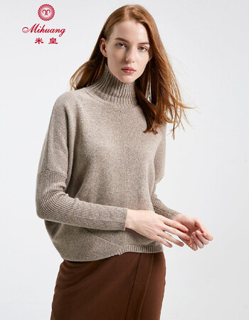 米皇mihuang 高领蝙蝠袖100%纯羊绒女衫女式毛衣羊绒衫 咖啡夹花 110